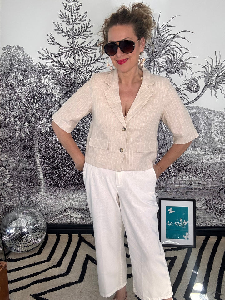 Summer Blazer in Linen/Visco Pinstripe pebble