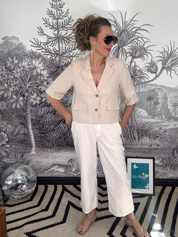 Summer Blazer in Linen/Visco Pinstripe pebble
