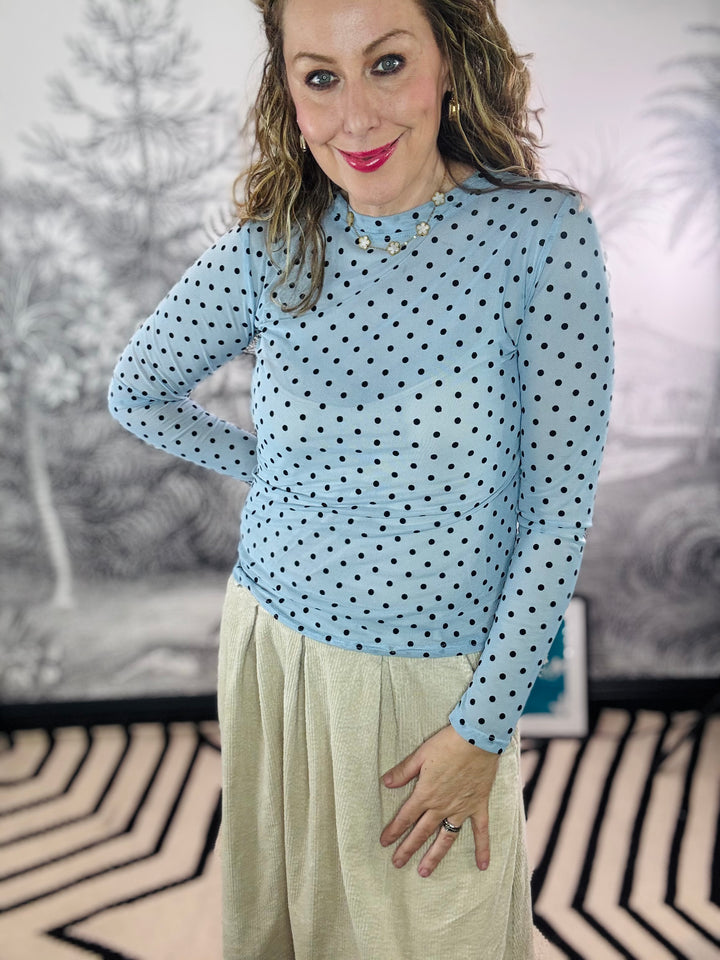 Jennie Flocked Polka Dot Mesh Top in Jeans Blue