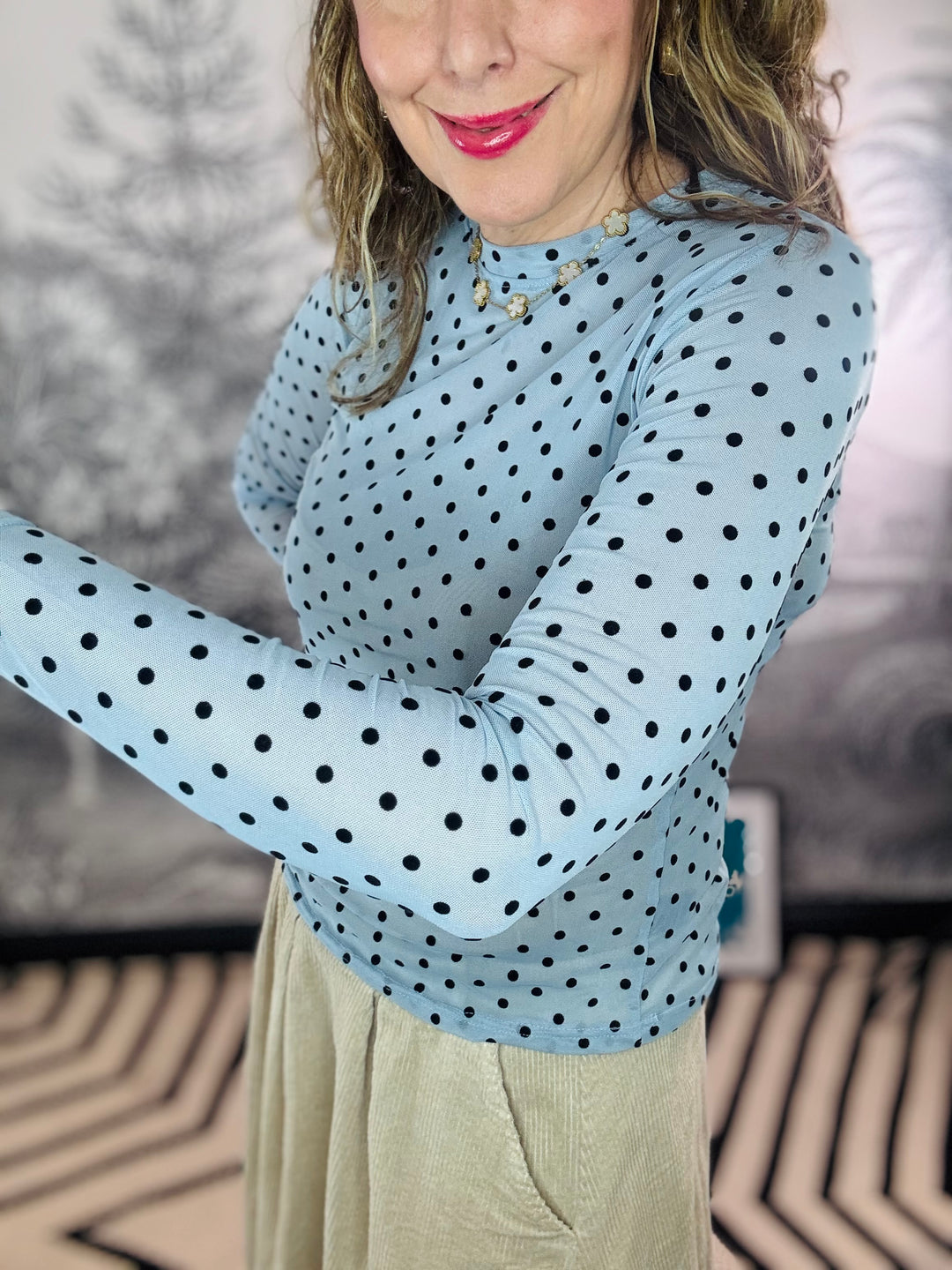 Jennie Flocked Polka Dot Mesh Top in Jeans Blue