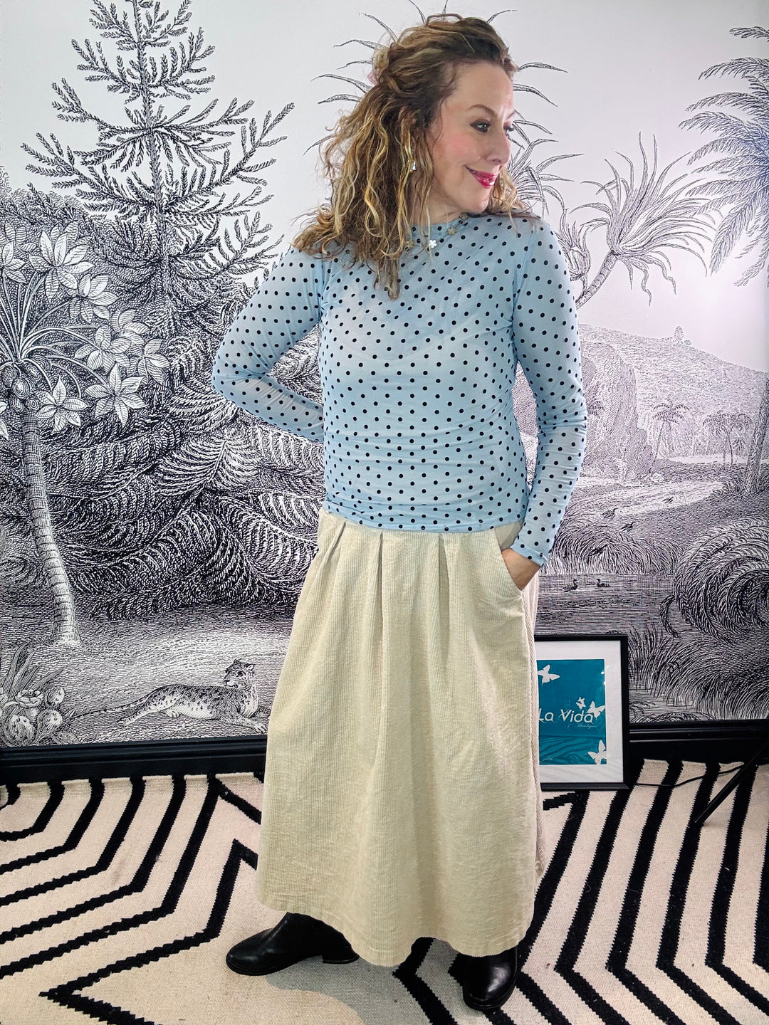 Jennie Flocked Polka Dot Mesh Top in Jeans Blue