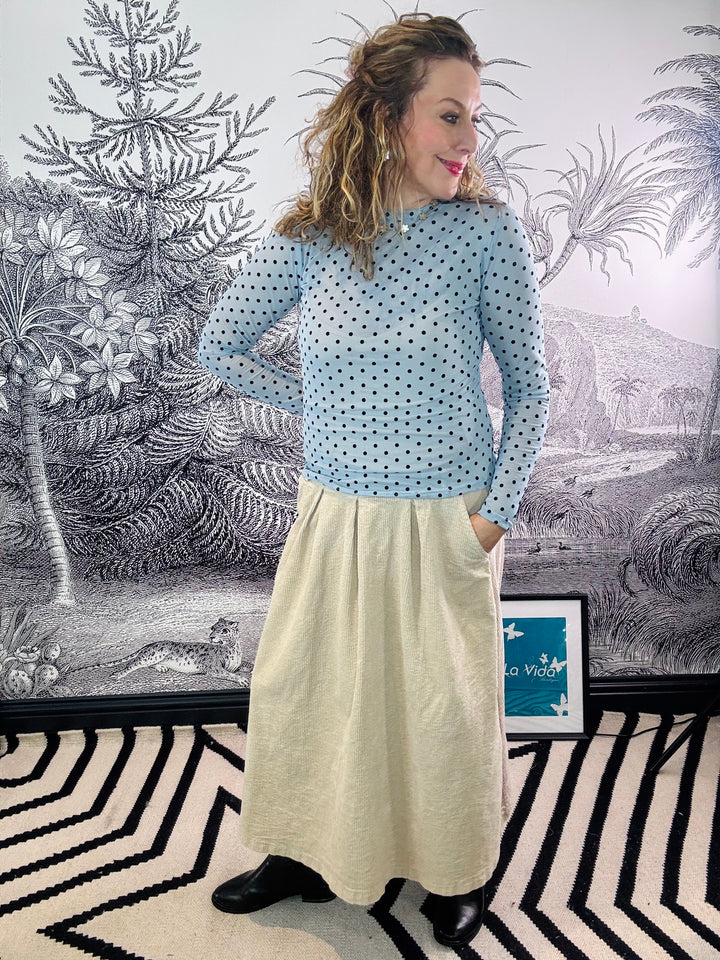 Jennie Flocked Polka Dot Mesh Top in Jeans Blue