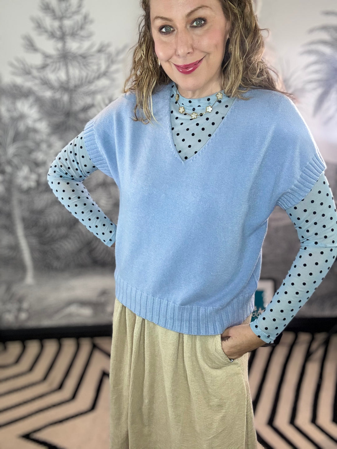 Jennie Flocked Polka Dot Mesh Top in Jeans Blue
