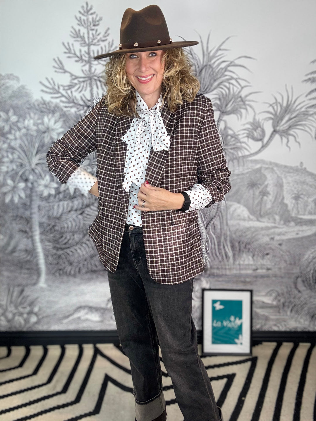 Check Ruched Sleeve Blazer