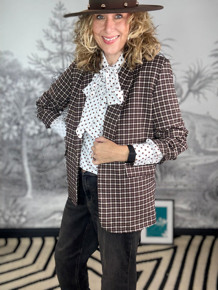 Check Ruched Sleeve Blazer