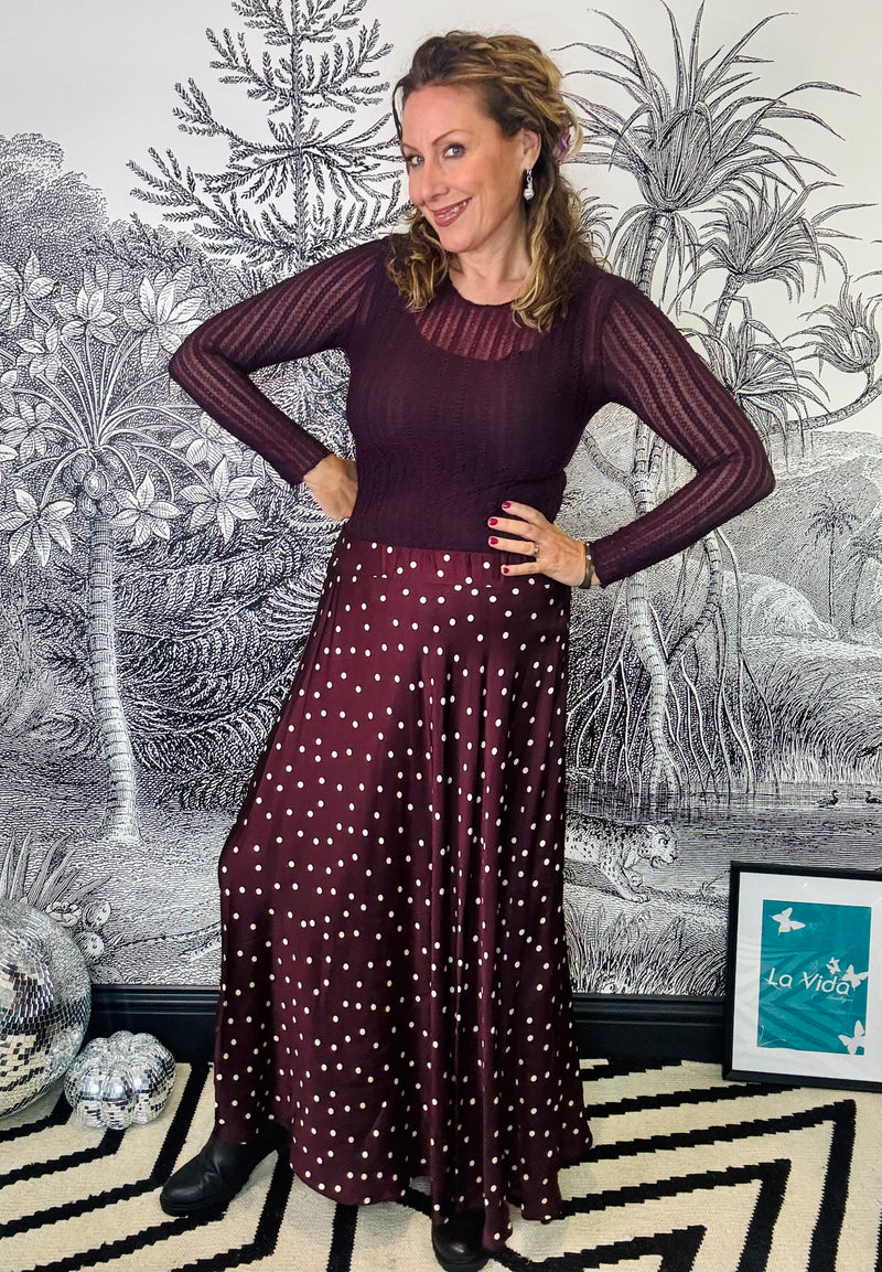 Valery Polka Dot Maxi Skirt in Plum