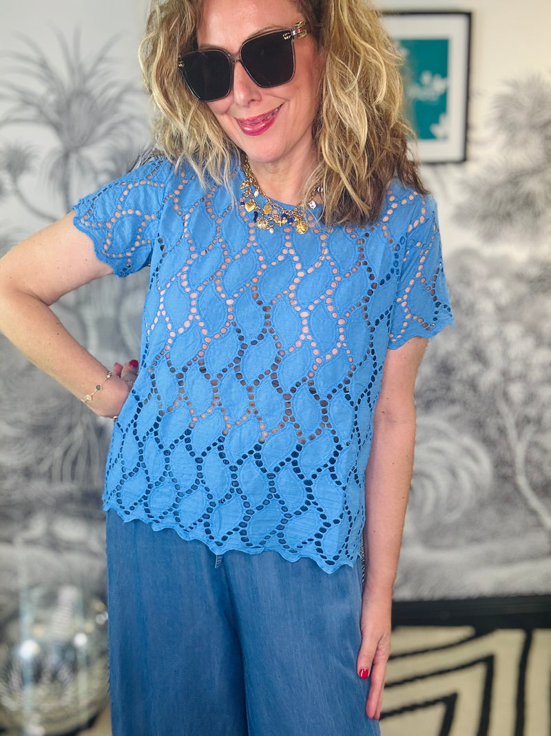 Freya Broderie Blouse in Ocean Blue