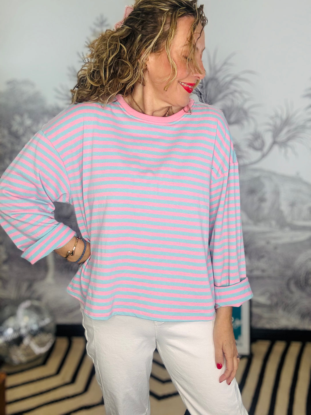 Marseille Oversized Striped Top In Pink &amp; Blue