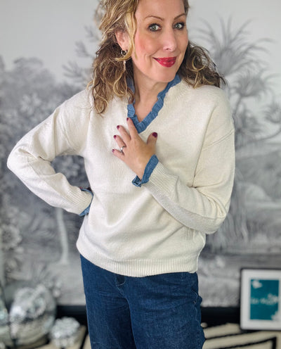 Pip Jumper with Denim Trim in Cream