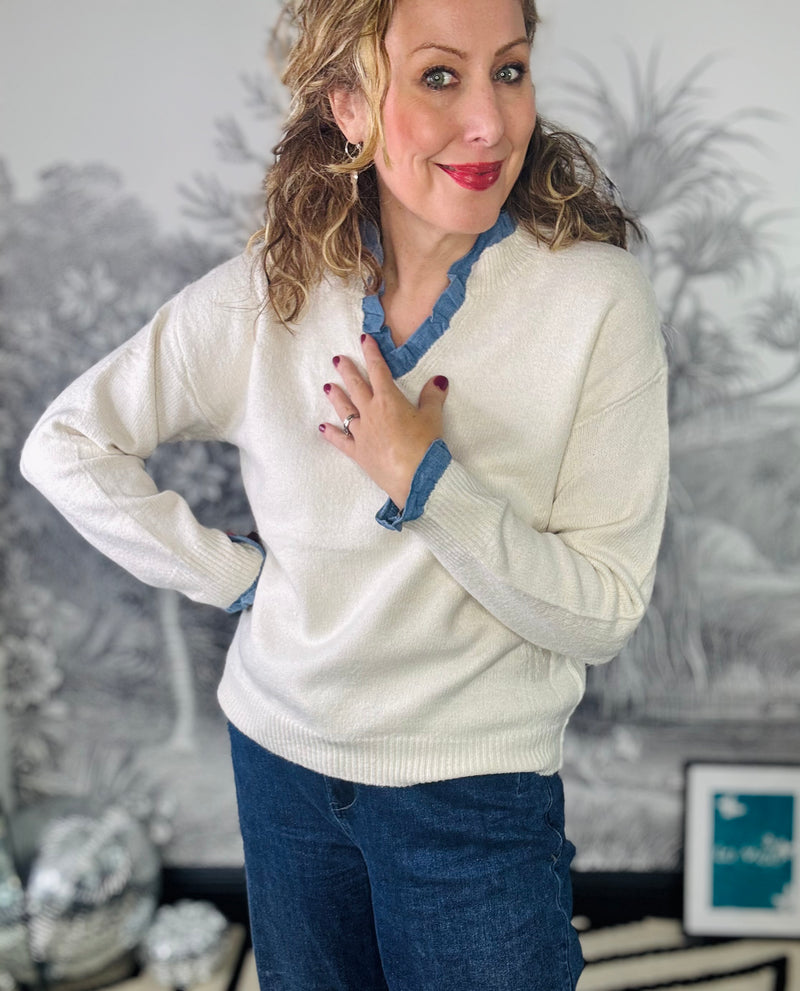 Pip Jumper with Denim Trim in Cream