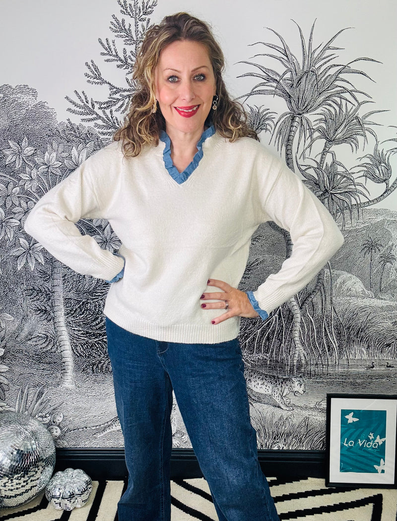 Pip Jumper with Denim Trim in Cream