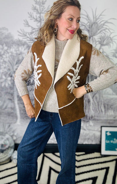 Kit Embroidered Faux Shearling Gilet in Tan