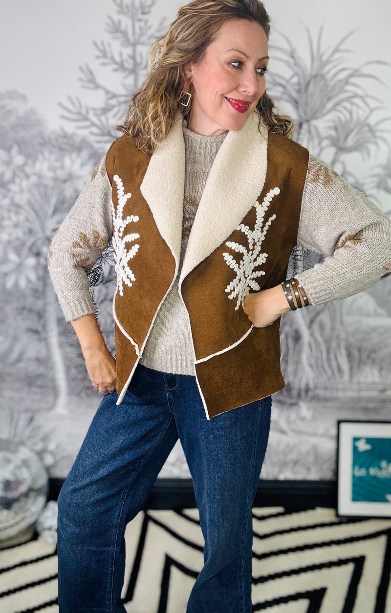 Kit Embroidered Faux Shearling Gilet in Tan