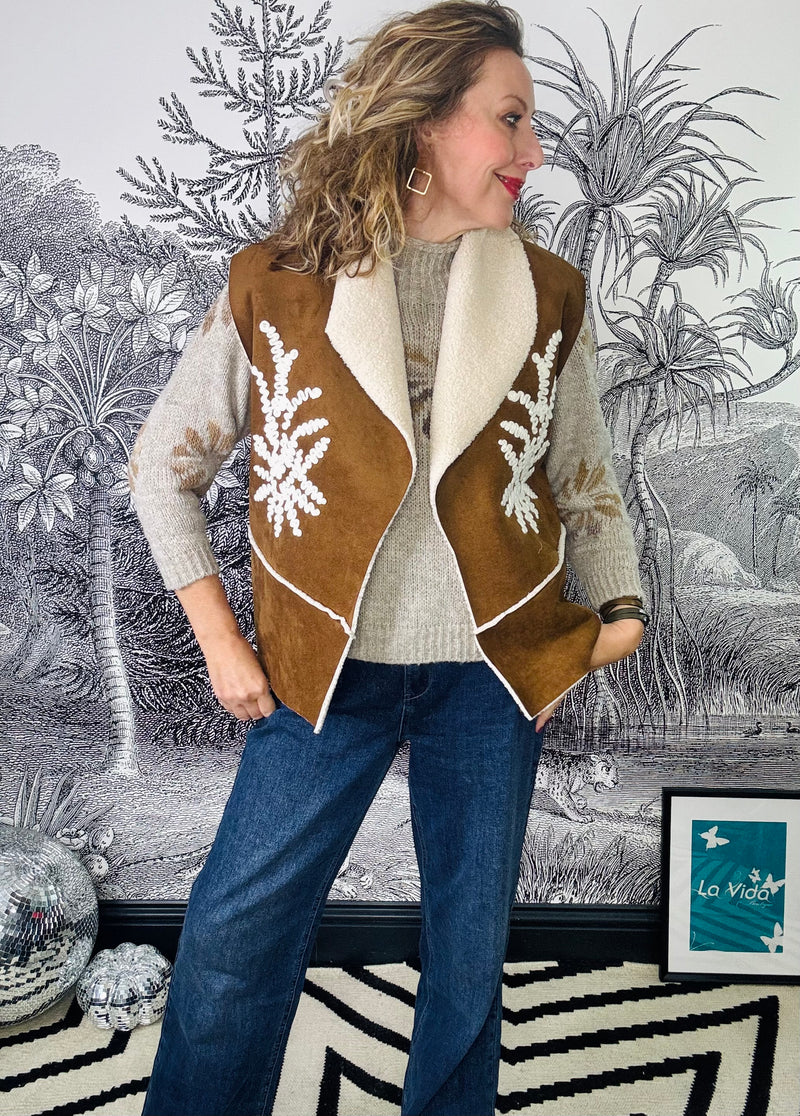 Kit Embroidered Faux Shearling Gilet in Tan