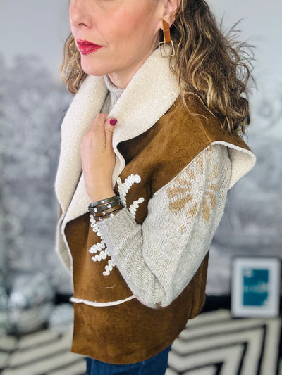 Kit Embroidered Faux Shearling Gilet in Tan