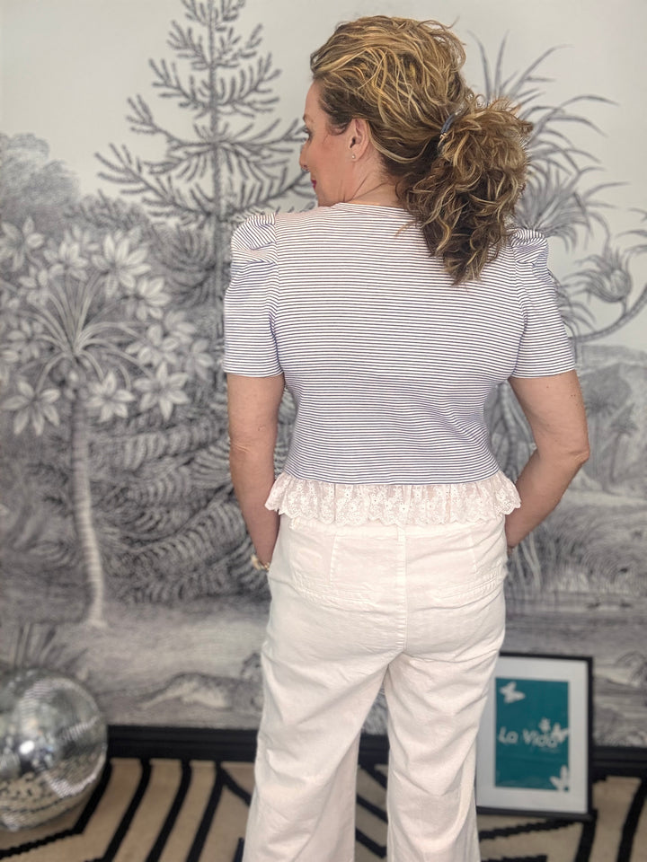 Paris Puff Sleeve Blue &amp; White T Shirt With Lace Trim
