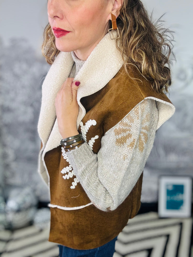 Kit Embroidered Faux Shearling Gilet in Tan