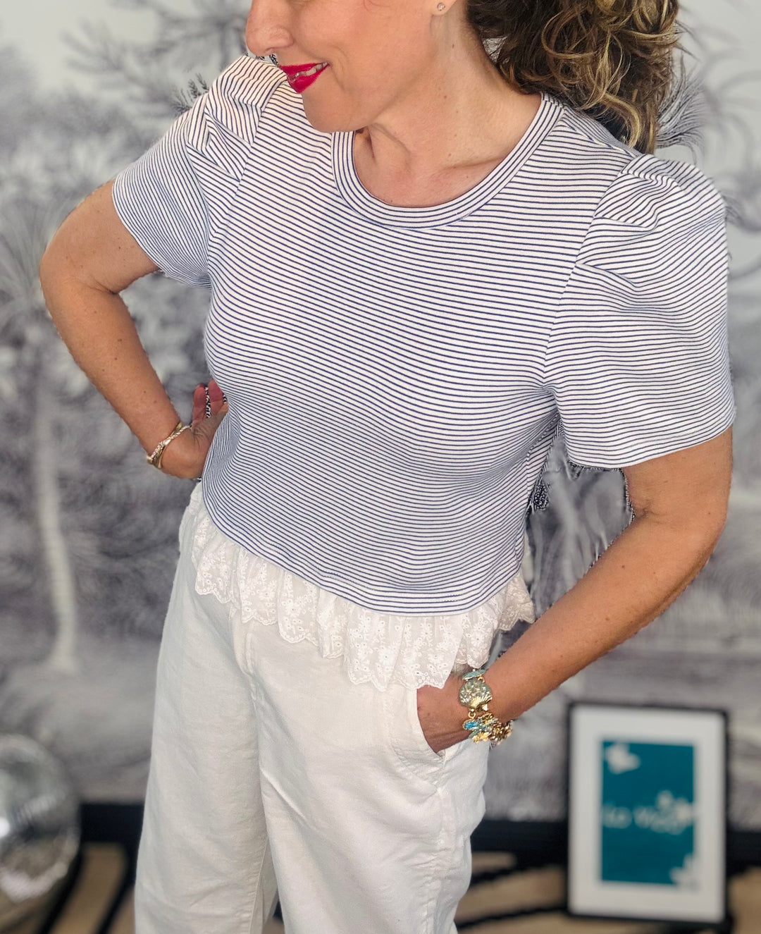 Paris Puff Sleeve Blue &amp; White T Shirt With Lace Trim
