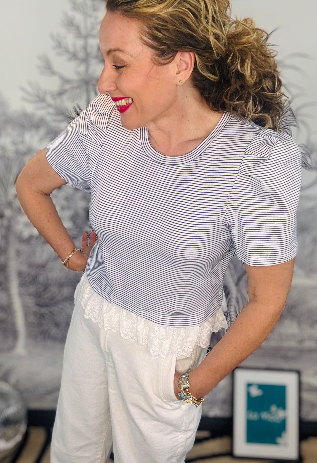 Paris Puff Sleeve Blue &amp; White T Shirt With Lace Trim