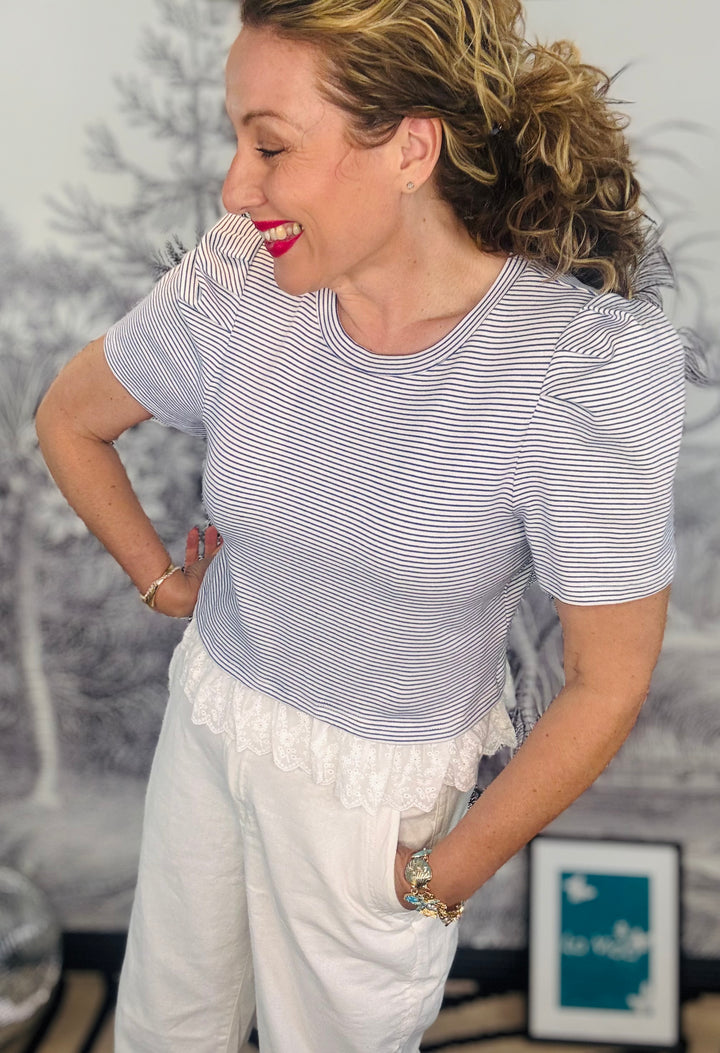 Paris Puff Sleeve Blue &amp; White T Shirt With Lace Trim