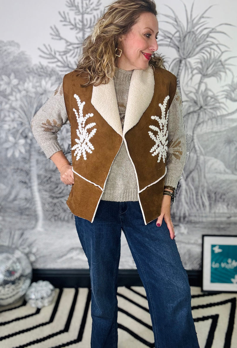 Kit Embroidered Faux Shearling Gilet in Tan