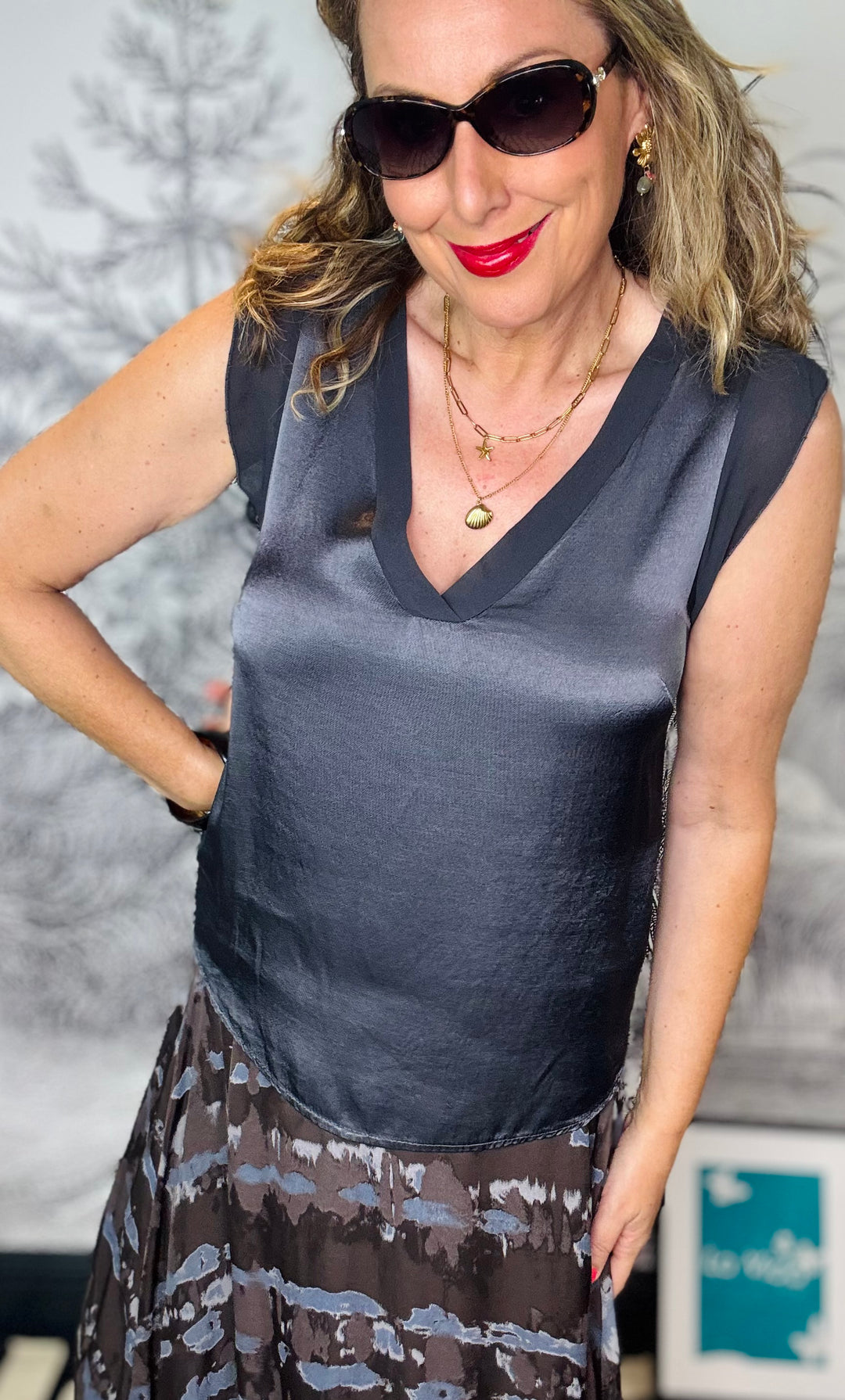 Lara Silky Sleeveless Top with Chiffon Trim Detail