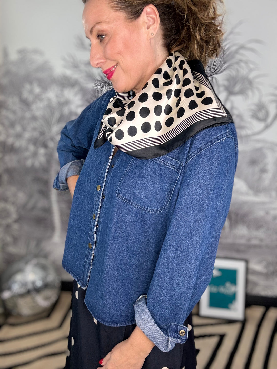 Feria Polka Dot Black &amp; White Square SIlky Scarf