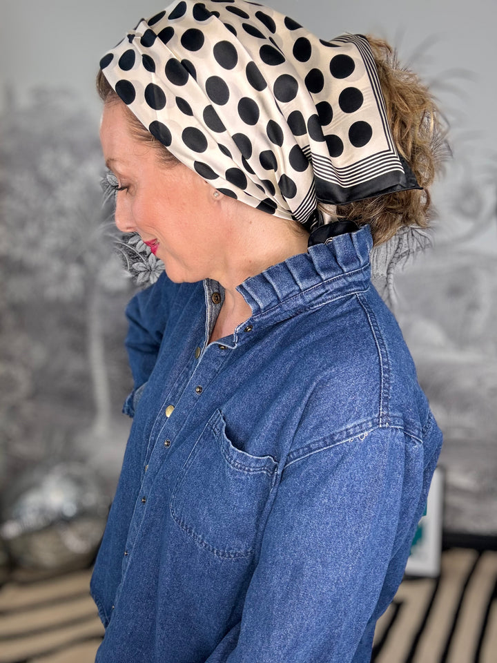 Feria Polka Dot Black &amp; White Square SIlky Scarf