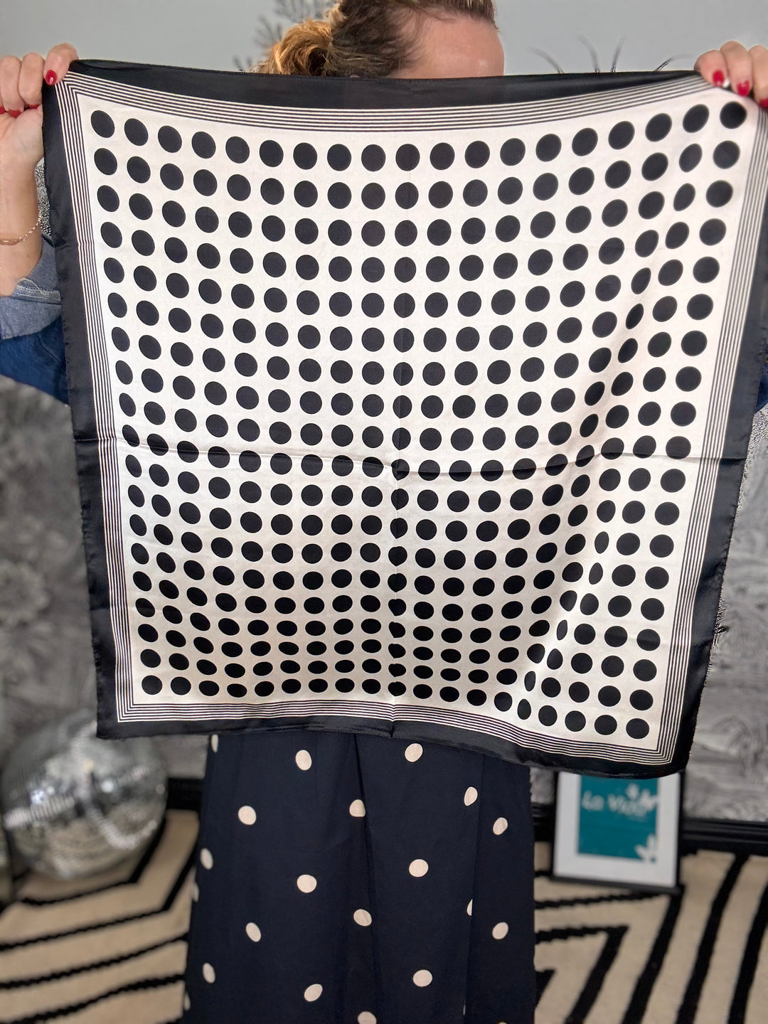 Feria Polka Dot Black &amp; White Square SIlky Scarf