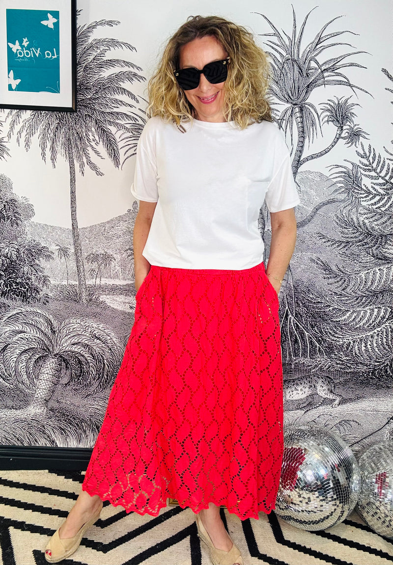 Freya Broderie Midi Skirt in Red