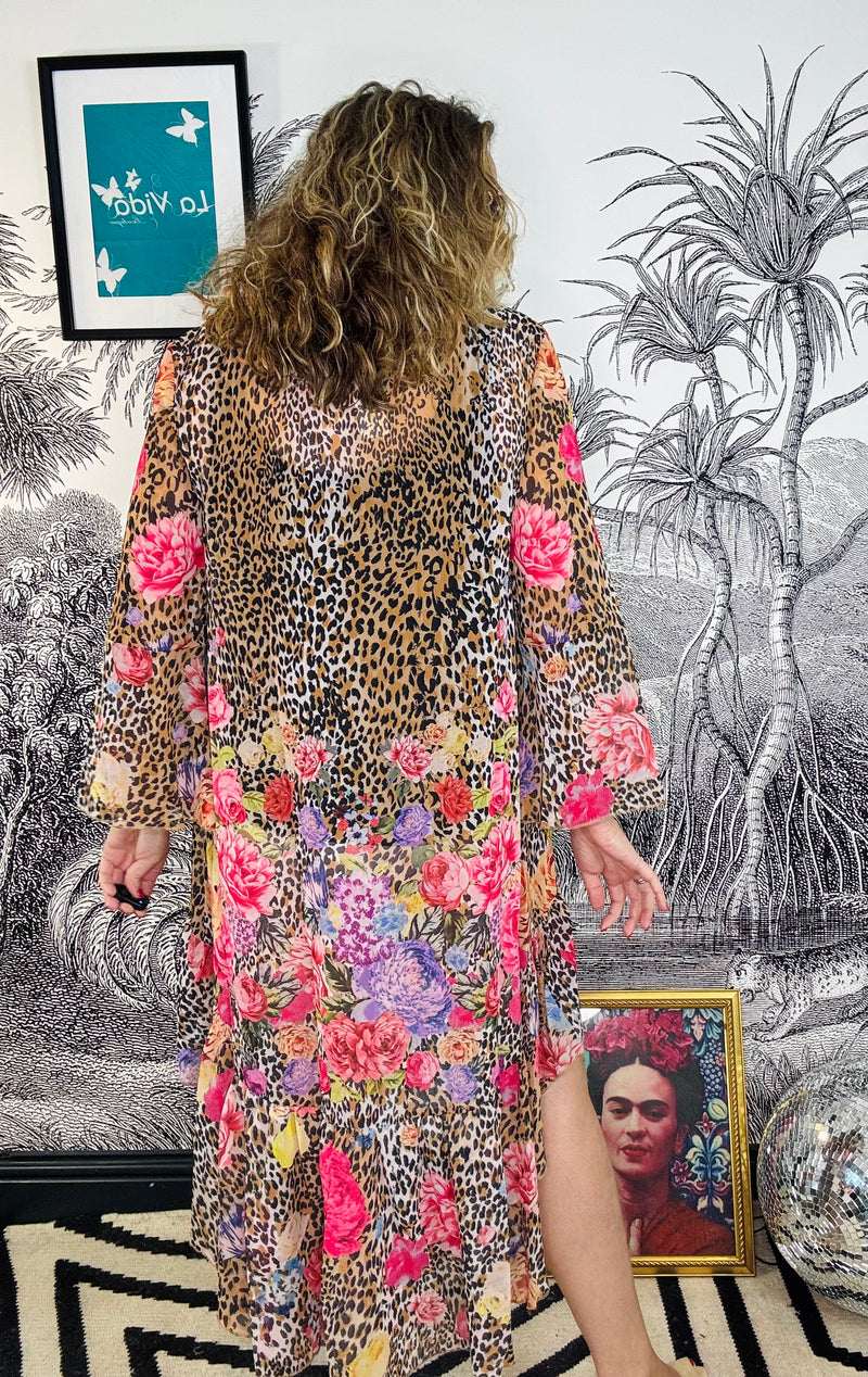 Chiara Leopard & Floral Extreme High Low Frill Hem Tunic Dress