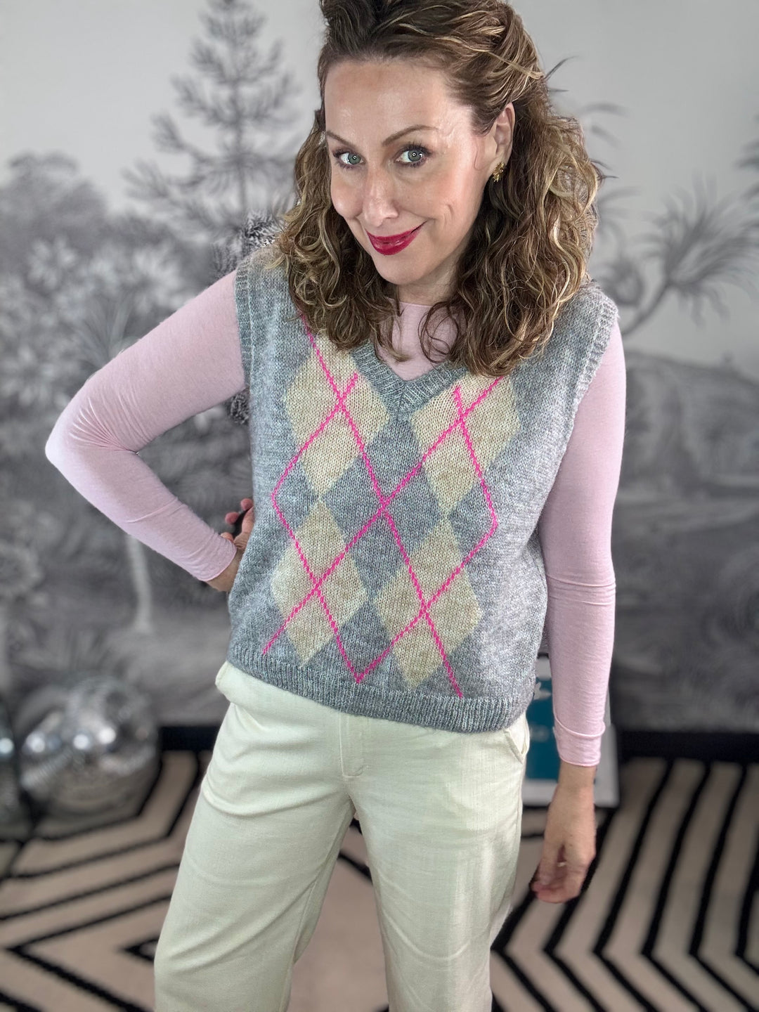 Emily V Neck Argyle Pattern Mohair Tank Top