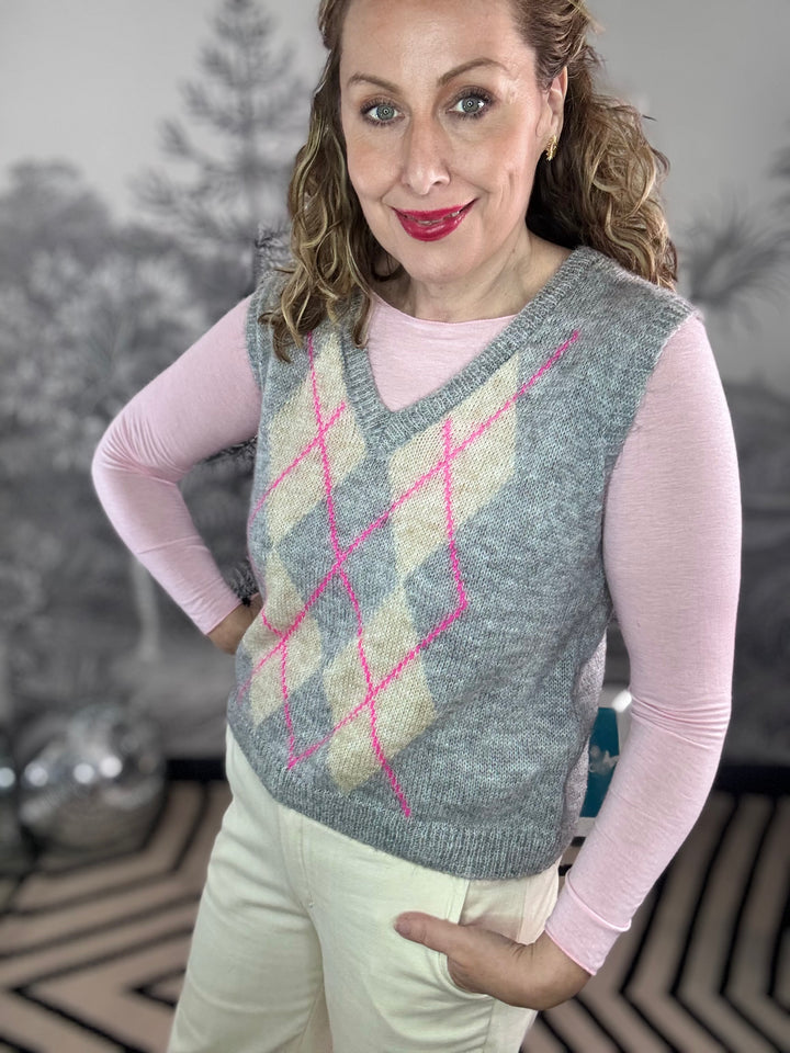 Emily V Neck Argyle Pattern Mohair Tank Top