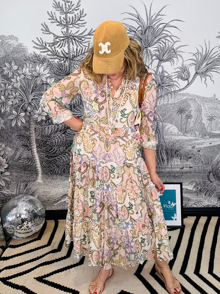 Marbella Silk Pastel Print Maxi Dress With Sleeve