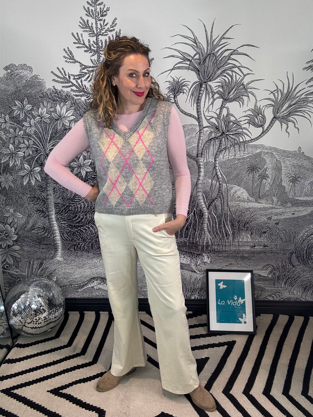 Emily V Neck Argyle Pattern Mohair Tank Top