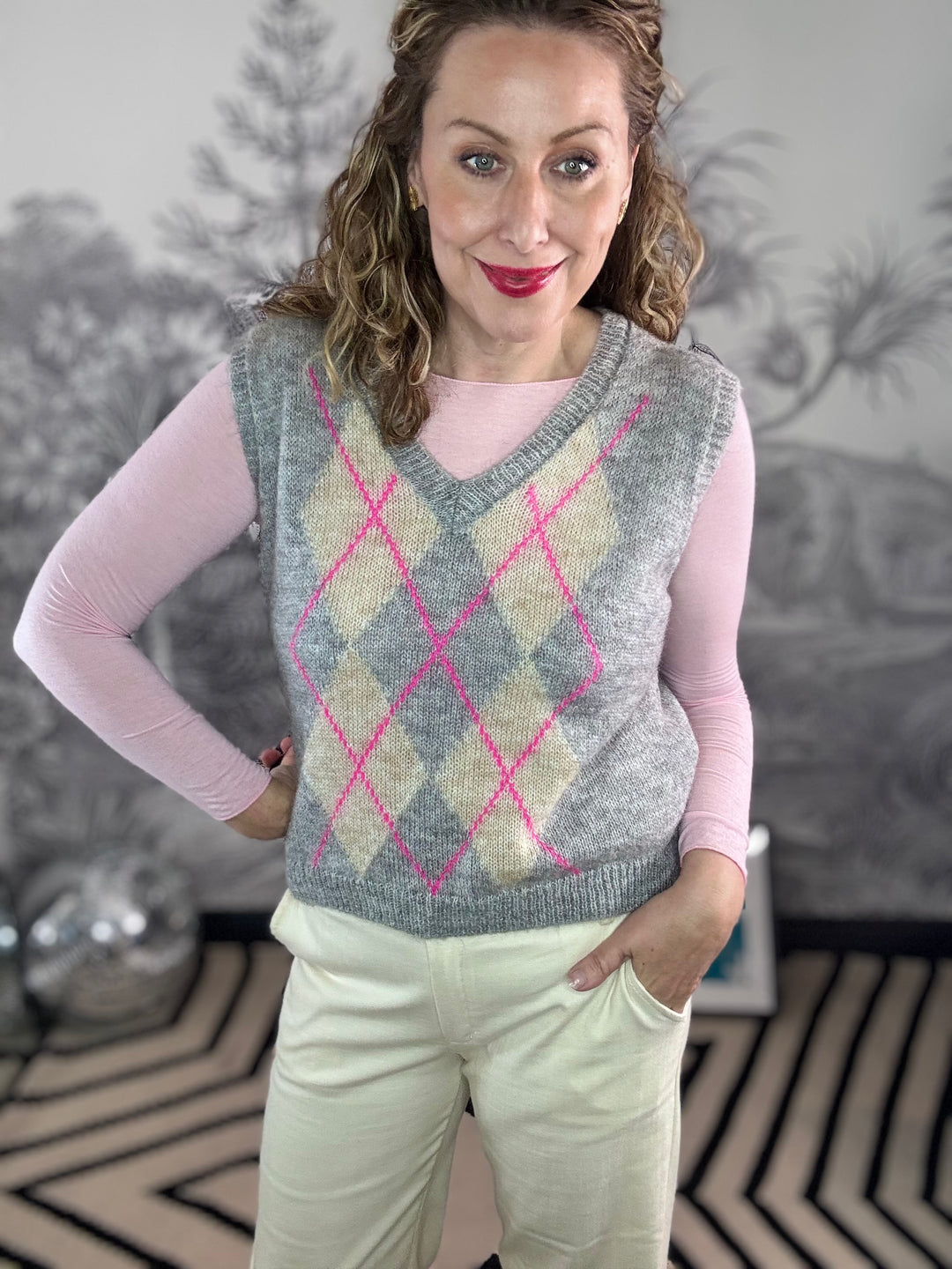 Emily V Neck Argyle Pattern Mohair Tank Top