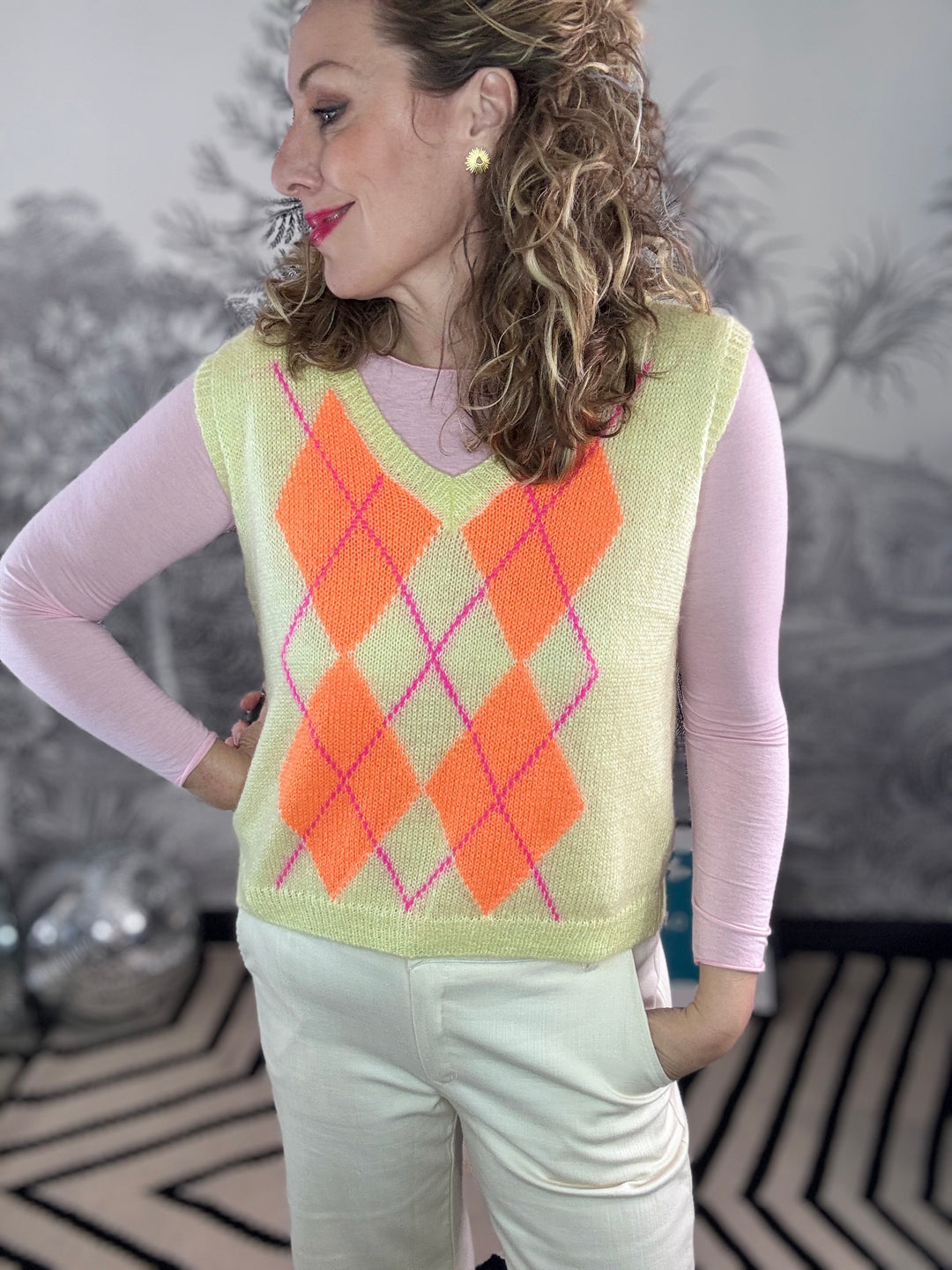 Emily V Neck Argyle Pattern Mohair Tank Top