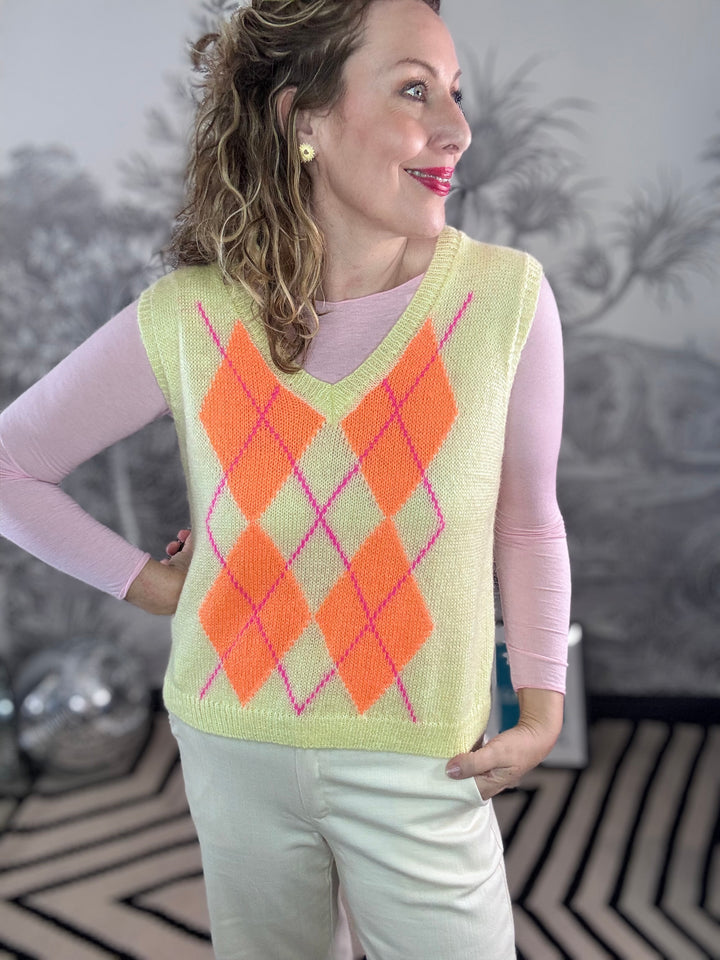 Emily V Neck Argyle Pattern Mohair Tank Top