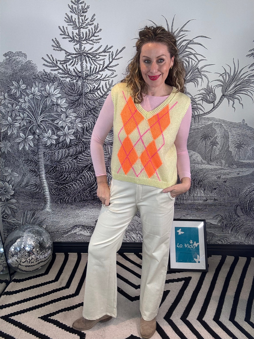 Emily V Neck Argyle Pattern Mohair Tank Top