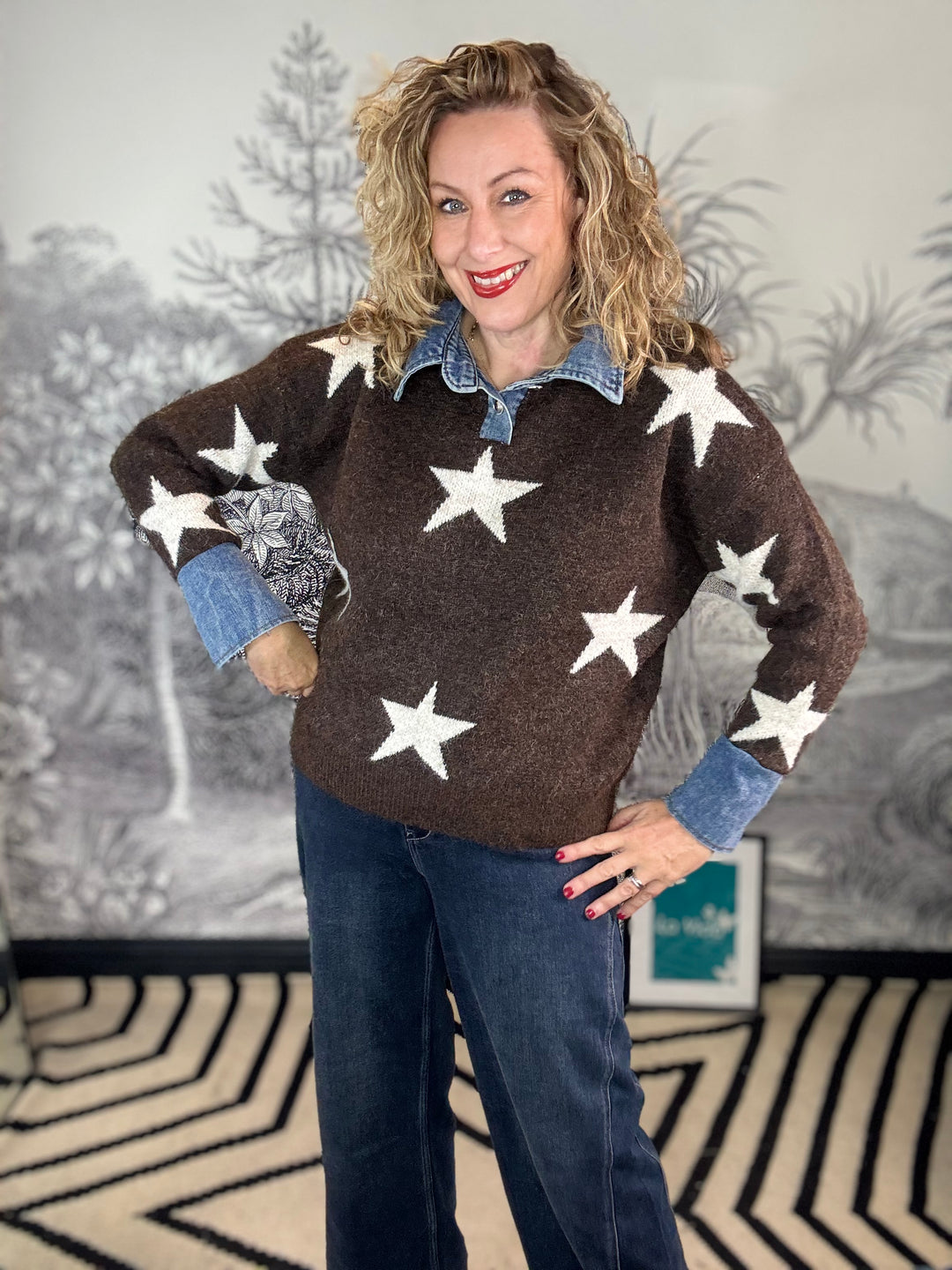 Estrella Chocolate Brown Jumper with Denim Collar