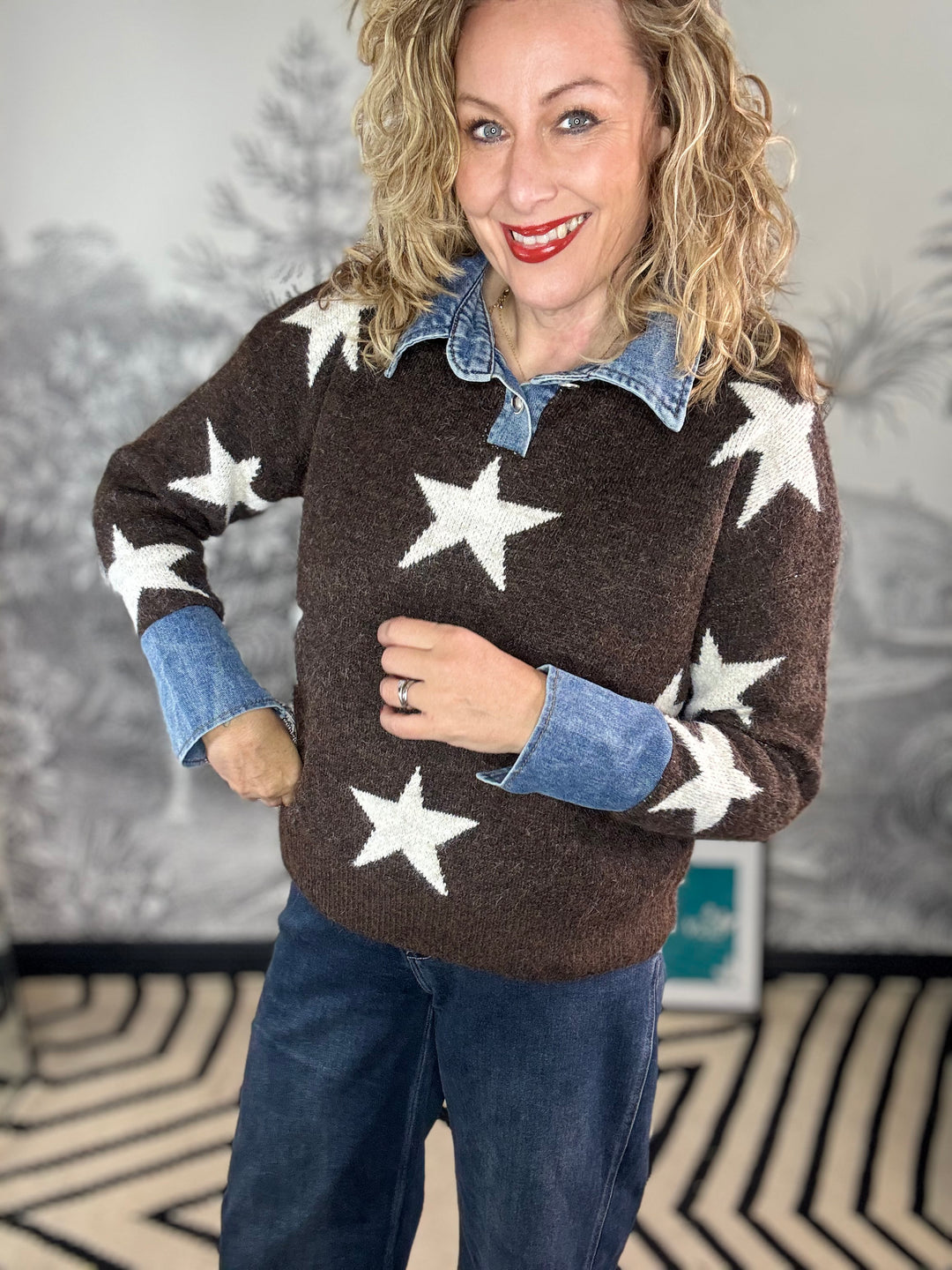 Estrella Chocolate Brown Jumper with Denim Collar