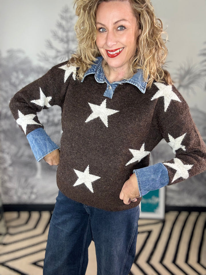 Estrella Chocolate Brown Jumper with Denim Collar