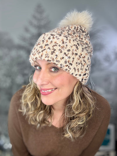Sequin Beanie Pompom Hat