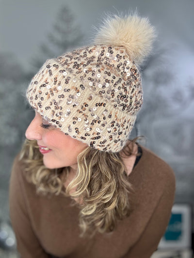 Sequin Beanie Pompom Hat