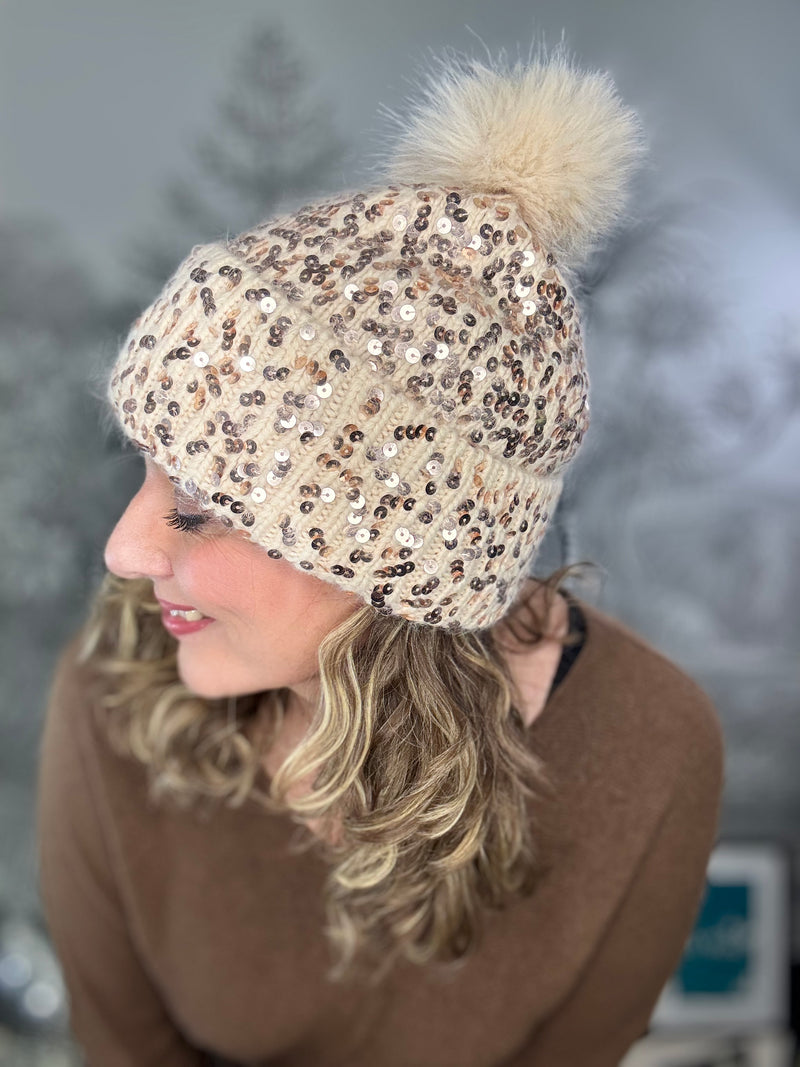 Sequin Beanie Pompom Hat