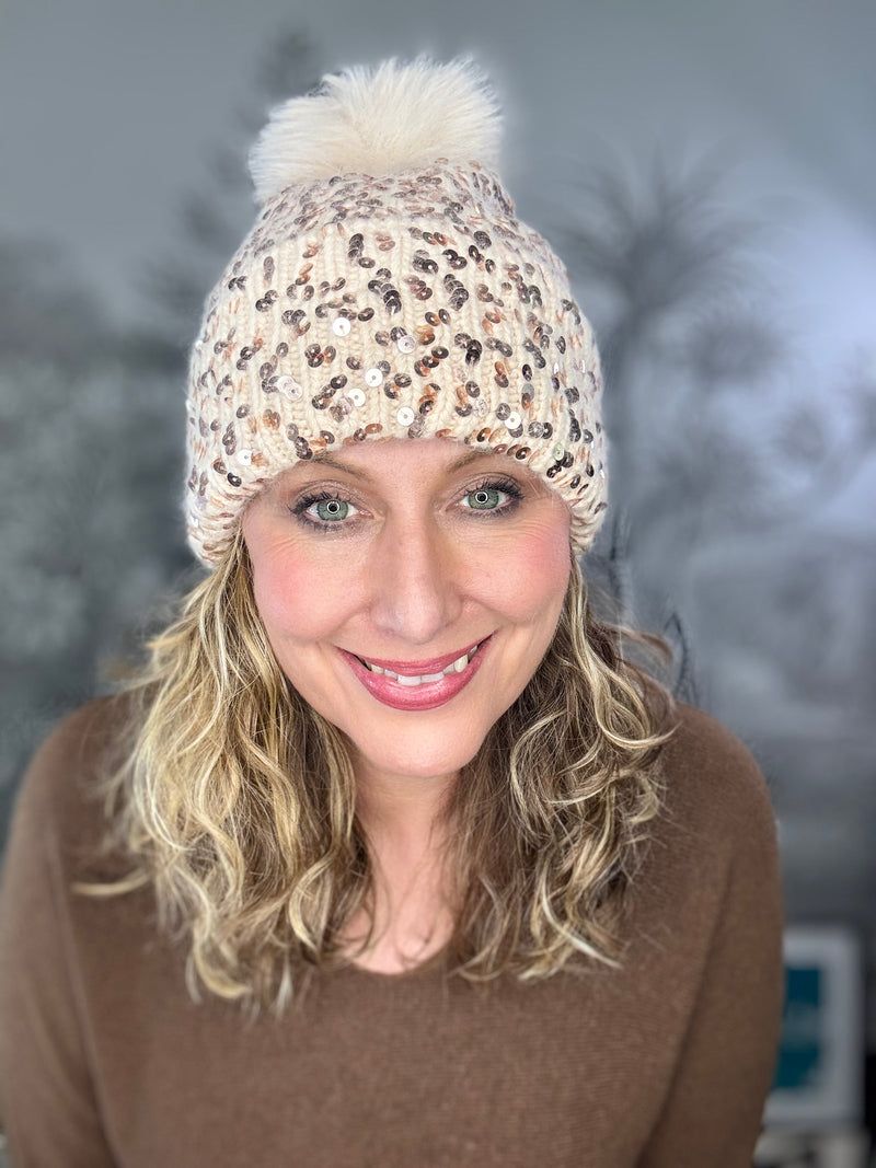 Sequin Beanie Pompom Hat