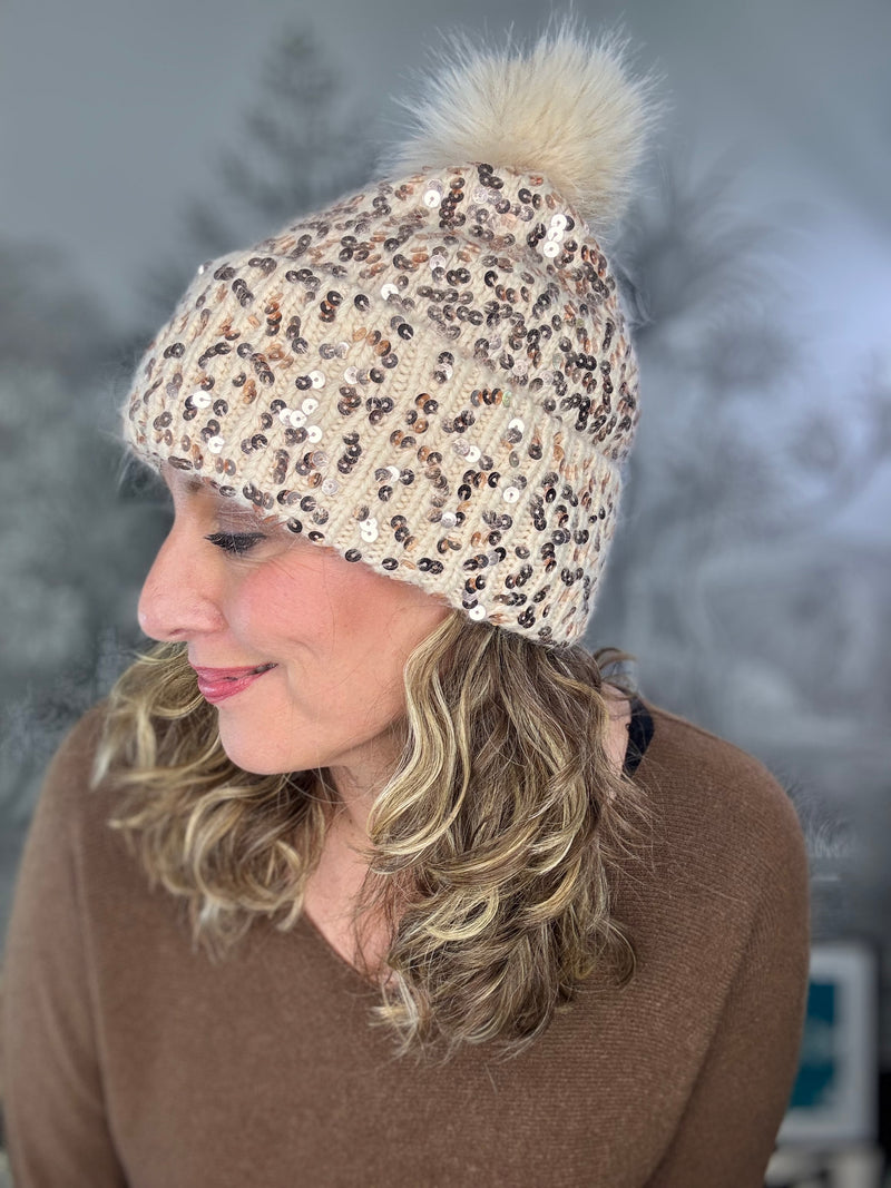 Sequin Beanie Pompom Hat