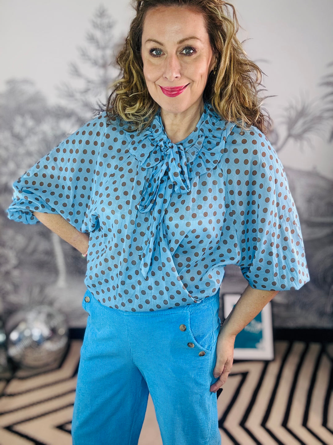 Camilla Ruffle Tie Neck Polka Dot Cotton Blouse
