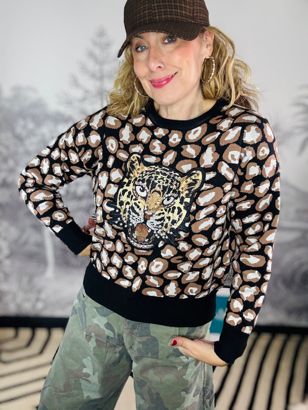 Amy Luxe knitted animal design jumper with tiger embroidery patch on front