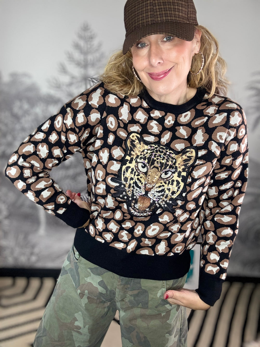 Amy Luxe knitted animal design jumper with tiger embroidery patch on front